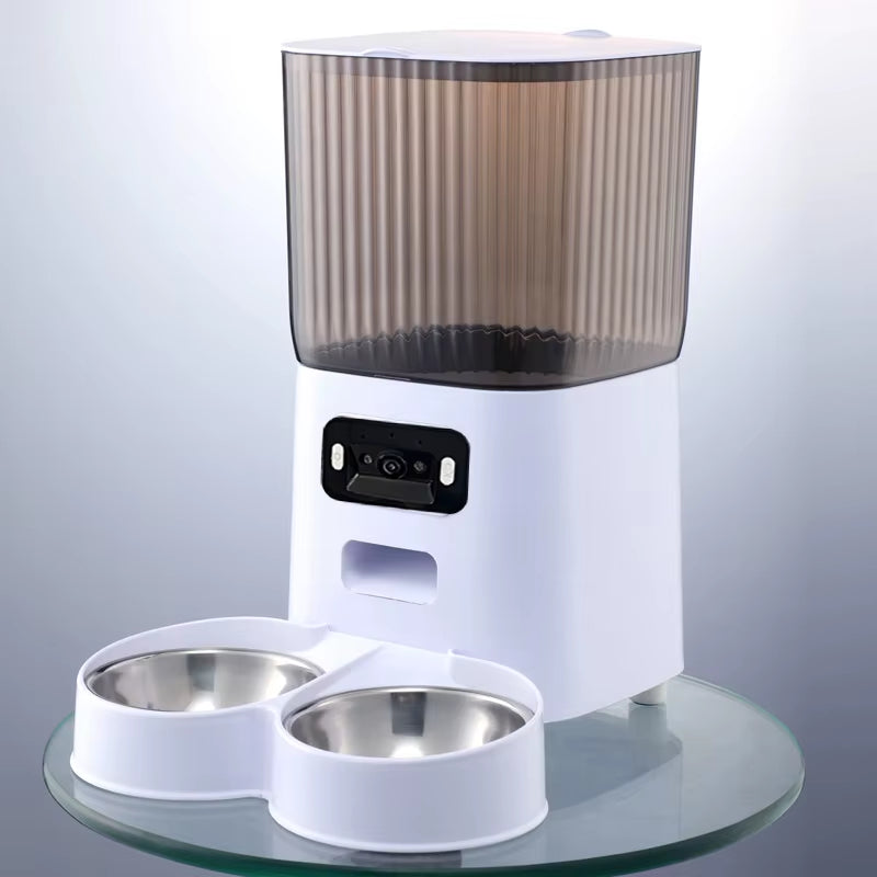 5L Smart Automatic Cat Feeder with Dual Bowls and Integrated Camera, Voice Recorder, and Dry Food Dispenser for Dogs and Cats
