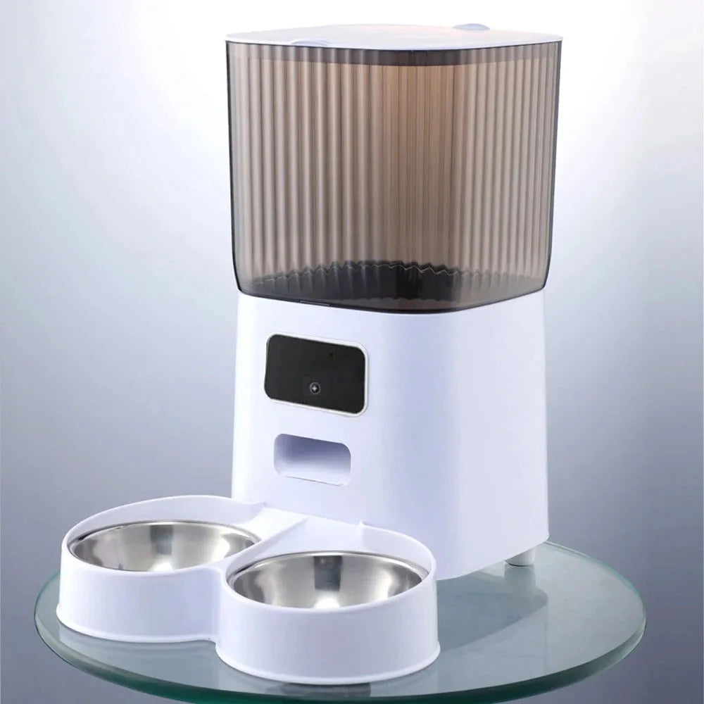 5L Smart Automatic Cat Feeder with Dual Bowls and Integrated Camera, Voice Recorder, and Dry Food Dispenser for Dogs and Cats
