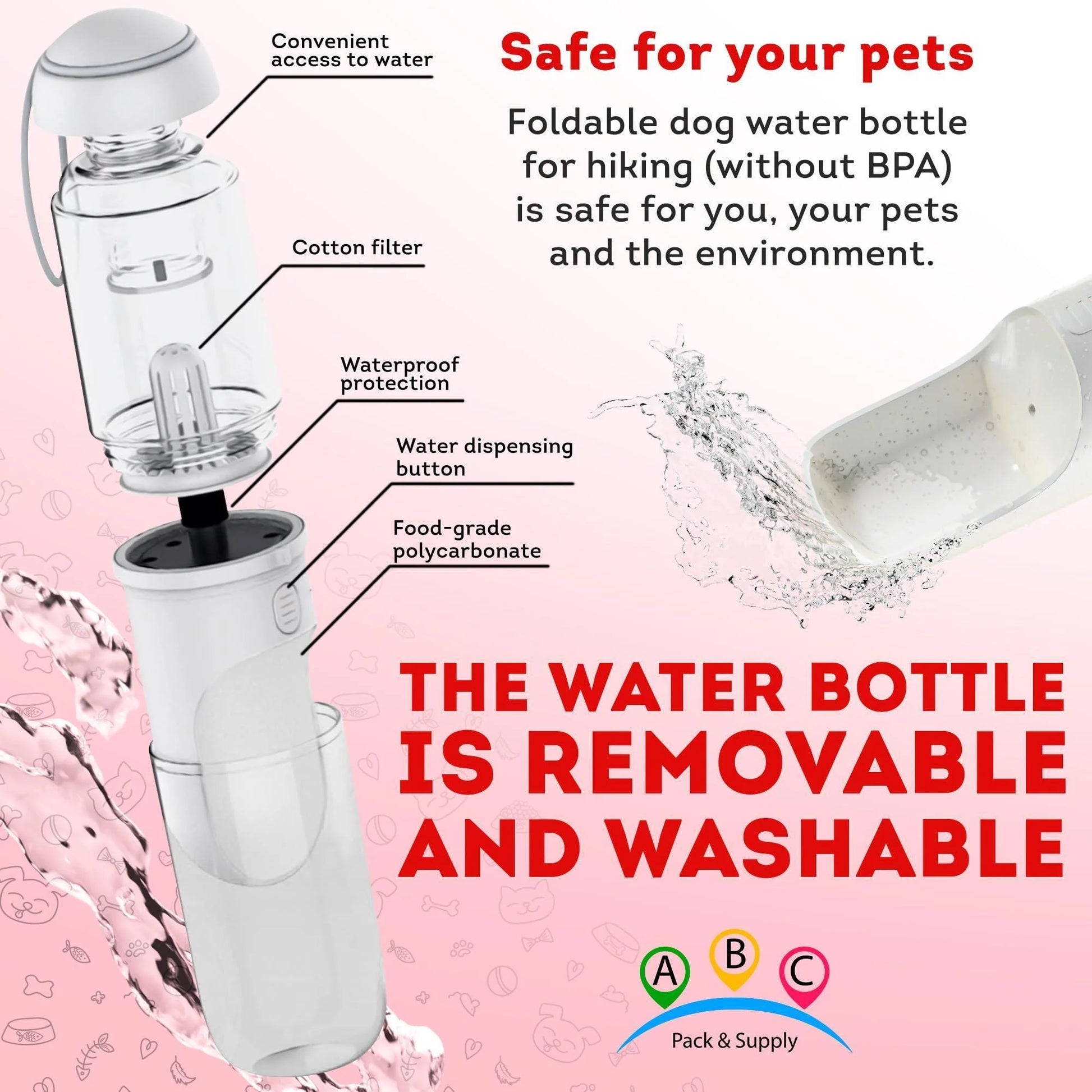 Portable Dog Water Bottle Dispenser - 12 Oz Travel Water Bottle for Pets with Silicone Strap and Cotton Filter, Dimensions 11.8 x 7.9 x 9.2 Inches