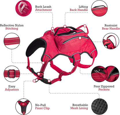 Escape-Proof Dog Harness with Four Pockets, Waterproof Backpack, Full Body Lift Handle, 5-Point Adjustable Fit, 3M Reflective Safety Features, Ideal for Hiking and Day Trips