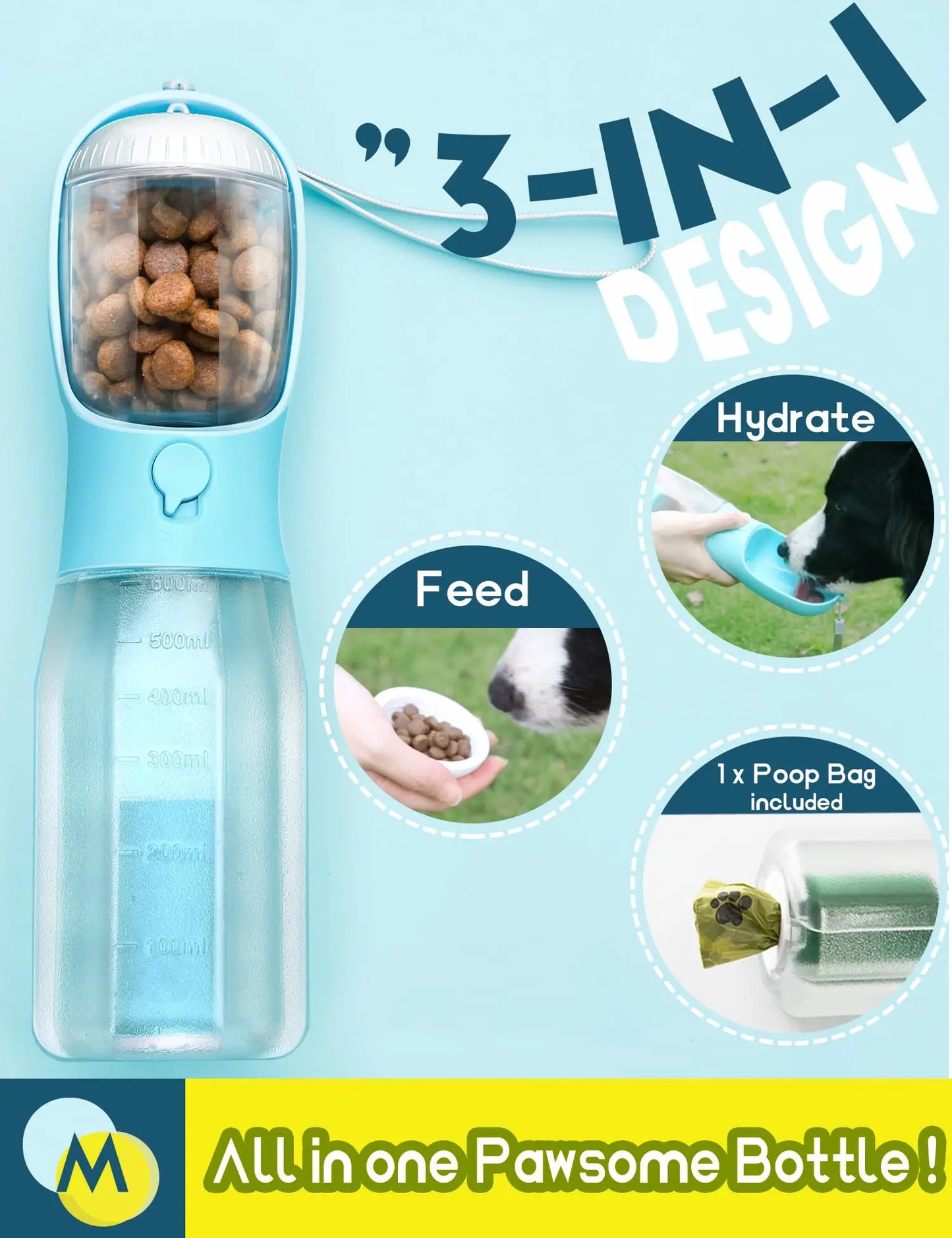 Portable Dog Water Bottle with 3-in-1 Travel Bowl, Food Container, and Waste Bag Holder - Blue, 20 Oz, Ideal for Outdoor Activities and Hiking