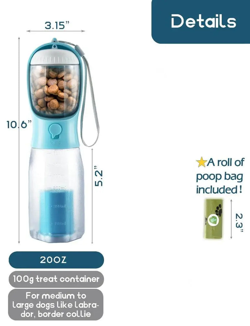 Portable Dog Water Bottle with 3-in-1 Travel Bowl, Food Container, and Waste Bag Holder - Blue, 20 Oz, Ideal for Outdoor Activities and Hiking