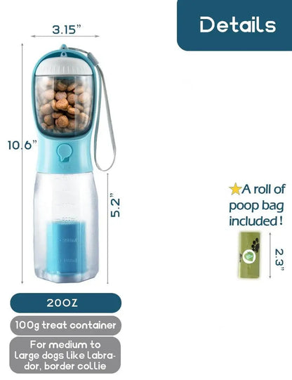 Portable Dog Water Bottle with 3-in-1 Travel Bowl, Food Container, and Waste Bag Holder - Blue, 20 Oz, Ideal for Outdoor Activities and Hiking