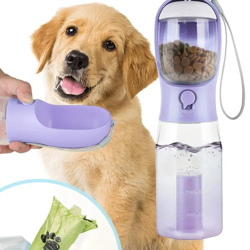 Portable Dog Water Bottle with 3-in-1 Travel Bowl, Food Container, and Waste Bag Holder - Blue, 20 Oz, Ideal for Outdoor Activities and Hiking