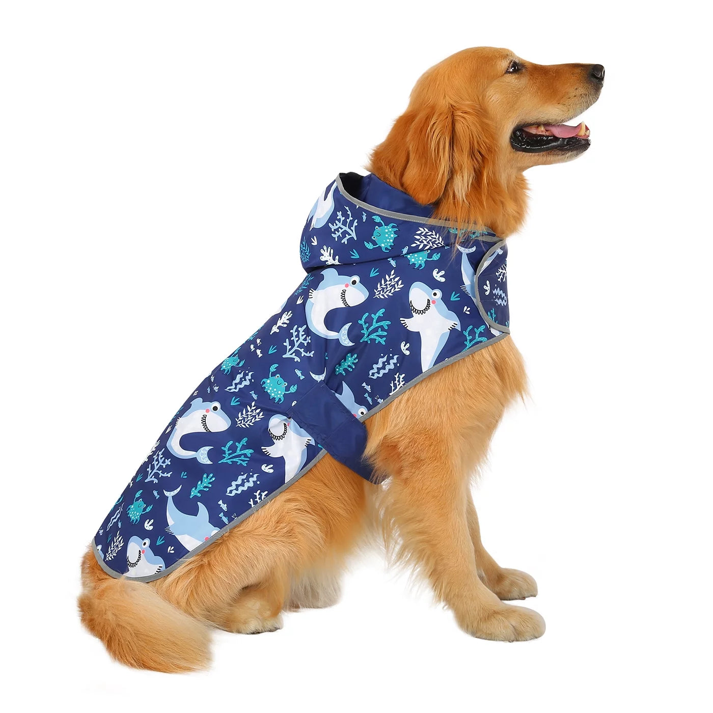 Reversible Hooded Dog Raincoat Poncho Jacket for Small, Medium, and Large Dogs - Shark Design, XXL Size