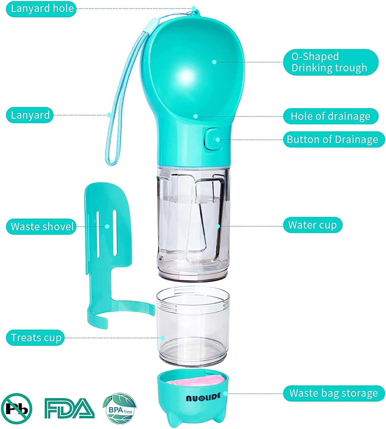 Portable 4-in-1 Dog Water Bottle Dispenser with Food Container and Waste Bag, Leakproof Travel Accessory for Outdoor Hiking, 19 Oz (Lake Blue)
