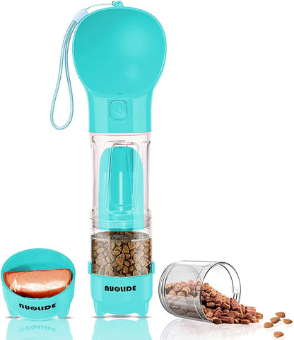 Portable 4-in-1 Dog Water Bottle Dispenser with Food Container and Waste Bag, Leakproof Travel Accessory for Outdoor Hiking, 19 Oz (Lake Blue)