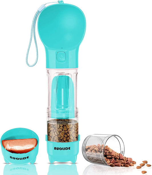 Portable 4-in-1 Dog Water Bottle Dispenser with Food Container and Waste Bag, Leakproof Travel Accessory for Outdoor Hiking, 19 Oz (Lake Blue)