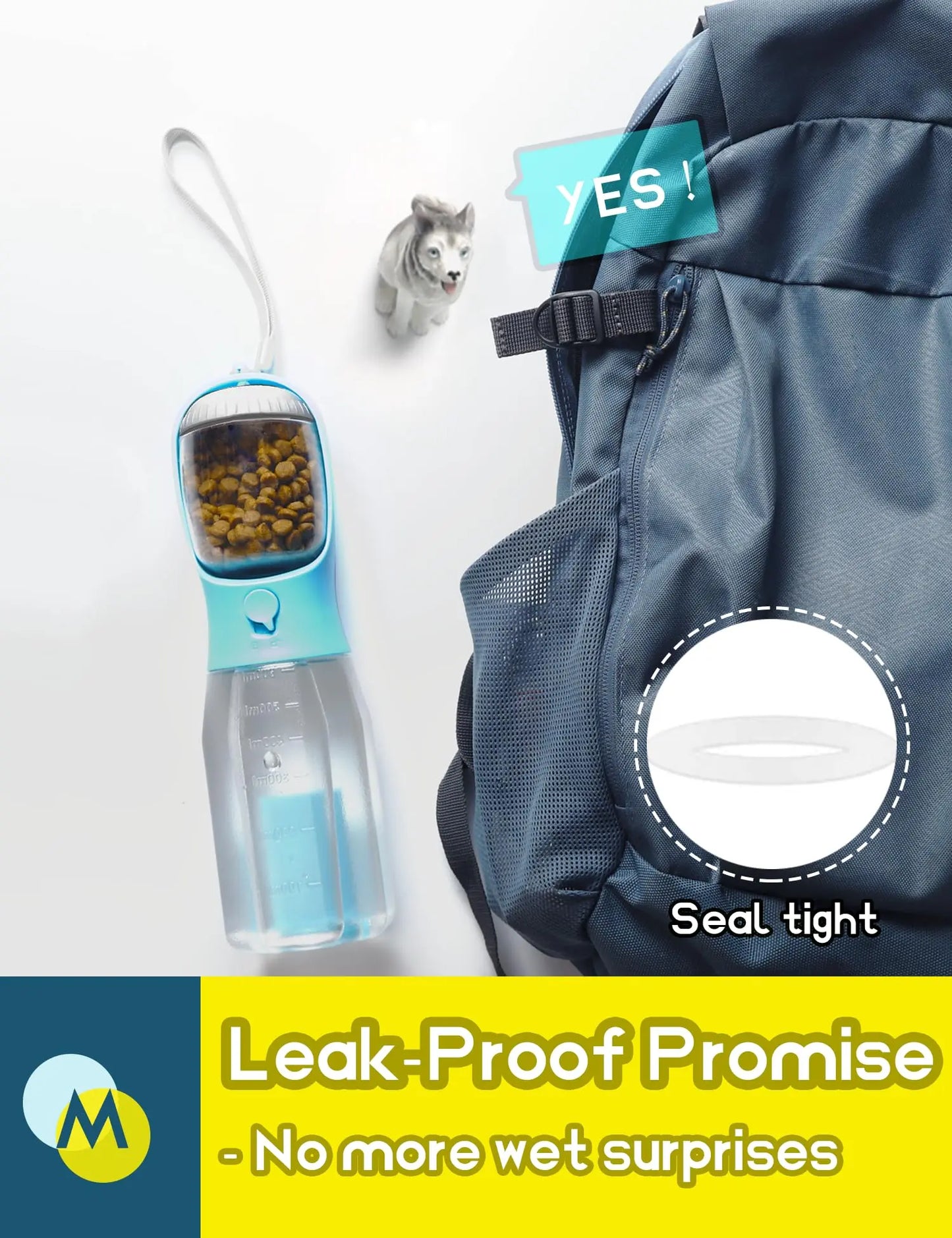 Portable Dog Water Bottle with 3-in-1 Travel Bowl, Food Container, and Waste Bag Holder - Blue, 20 Oz, Ideal for Outdoor Activities and Hiking