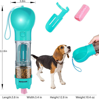 Portable 4-in-1 Dog Water Bottle Dispenser with Food Container and Waste Bag, Leakproof Travel Accessory for Outdoor Hiking, 19 Oz (Lake Blue)