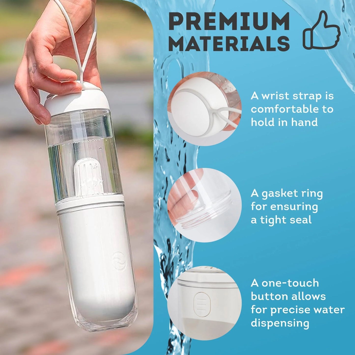 Portable Dog Water Bottle Dispenser - 12 Oz Travel Water Bottle for Pets with Silicone Strap and Cotton Filter, Dimensions 11.8 x 7.9 x 9.2 Inches