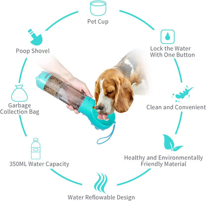 Portable 4-in-1 Dog Water Bottle Dispenser with Food Container and Waste Bag, Leakproof Travel Accessory for Outdoor Hiking, 19 Oz (Lake Blue)