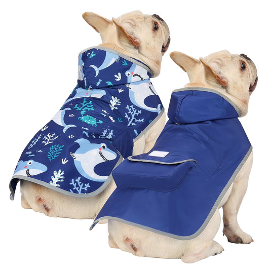 Reversible Hooded Dog Raincoat Poncho Jacket for Small, Medium, and Large Dogs - Shark Design