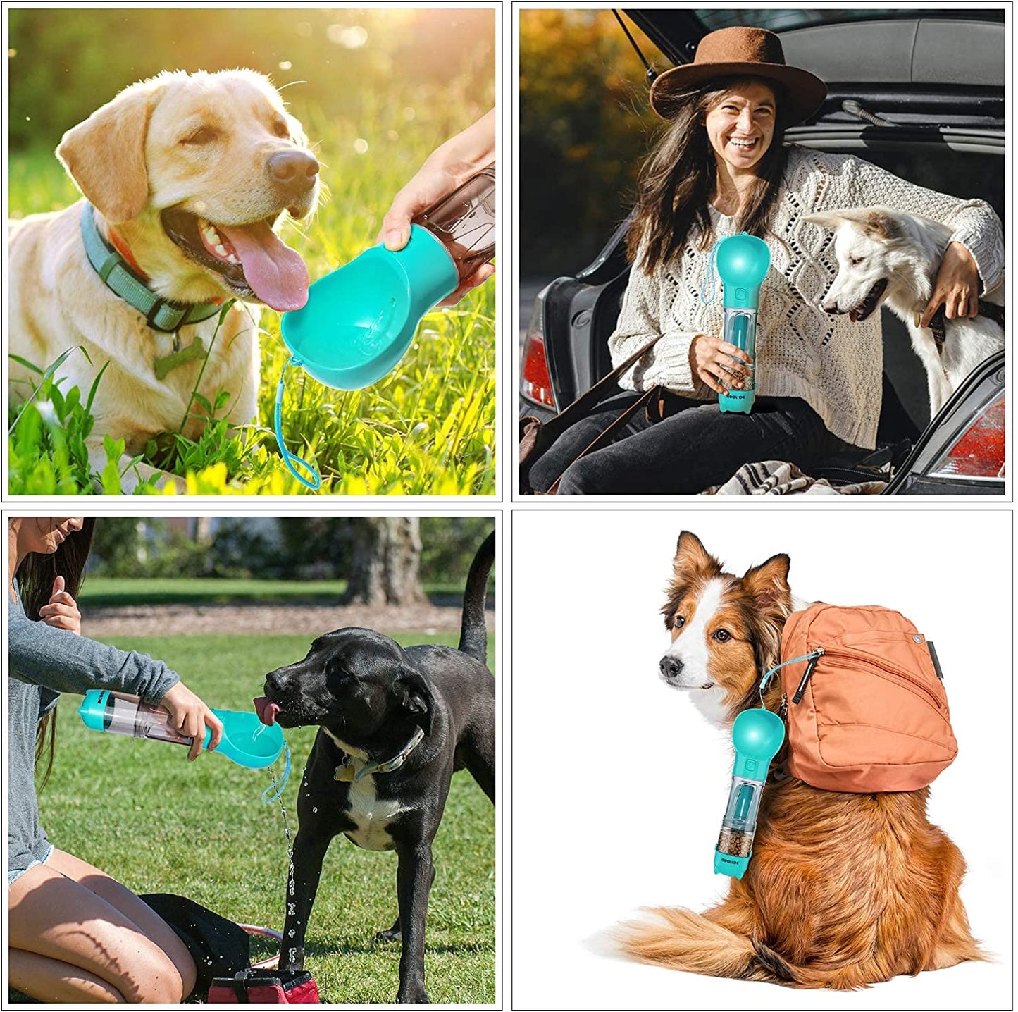 Portable 4-in-1 Dog Water Bottle Dispenser with Food Container and Waste Bag, Leakproof Travel Accessory for Outdoor Hiking, 19 Oz (Lake Blue)