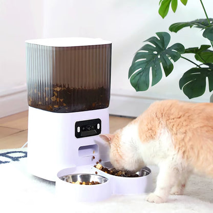5L Smart Automatic Cat Feeder with Dual Bowls and Integrated Camera, Voice Recorder, and Dry Food Dispenser for Dogs and Cats