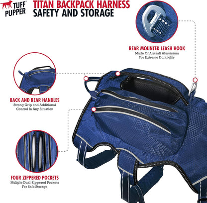 Escape-Proof Dog Harness with Four Pockets, Waterproof Backpack, Full Body Lift Handle, 5-Point Adjustable Fit, 3M Reflective Safety Features, Ideal for Hiking and Day Trips