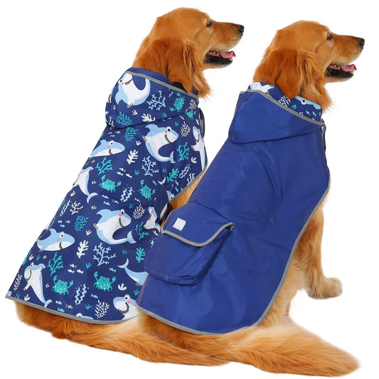 Reversible Hooded Dog Raincoat Poncho Jacket for Small, Medium, and Large Dogs - Shark Design, XXL Size