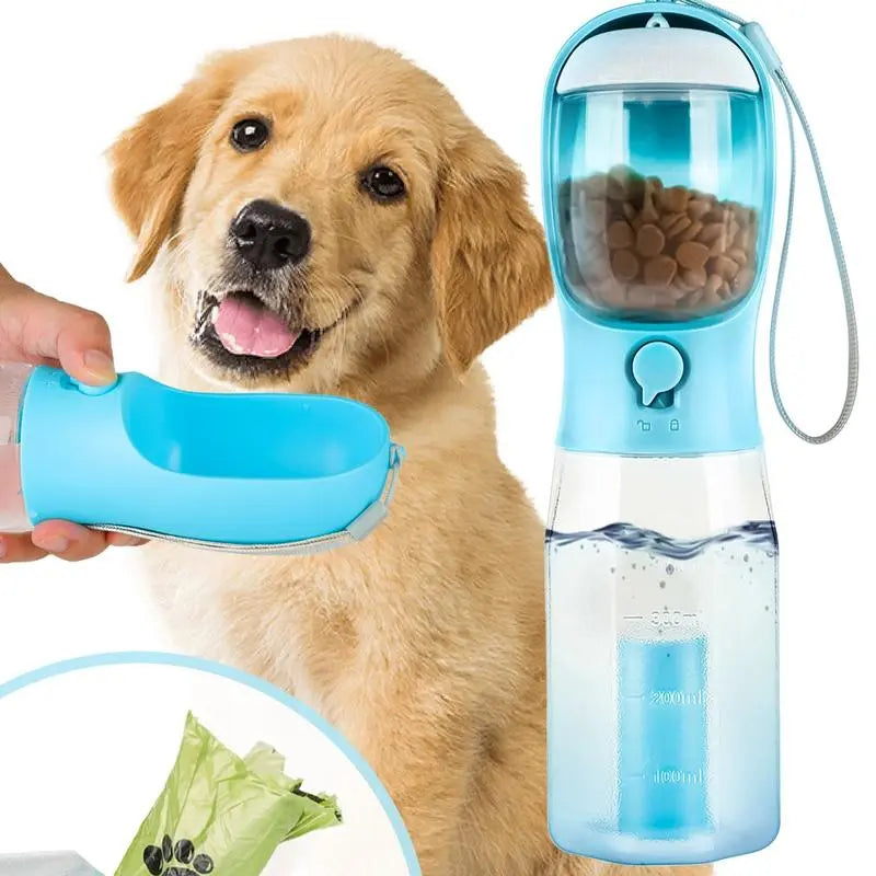 Portable Dog Water Bottle with 3-in-1 Travel Bowl, Food Container, and Waste Bag Holder - Blue, 20 Oz, Ideal for Outdoor Activities and Hiking