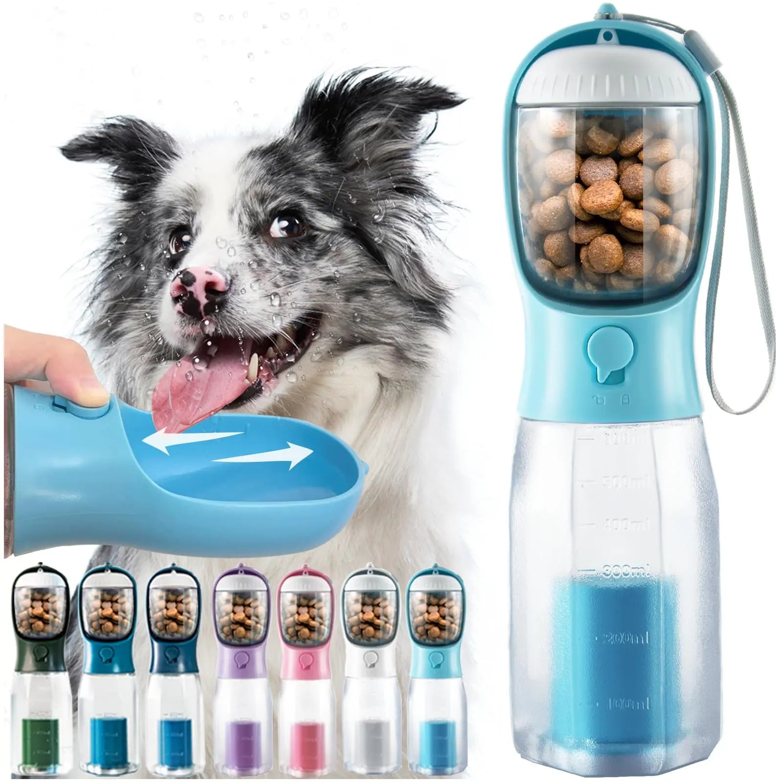 Portable Dog Water Bottle with 3-in-1 Travel Bowl, Food Container, and Waste Bag Holder - Blue, 20 Oz, Ideal for Outdoor Activities and Hiking