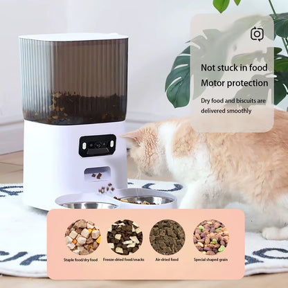 5L Smart Automatic Cat Feeder with Dual Bowls and Integrated Camera, Voice Recorder, and Dry Food Dispenser for Dogs and Cats