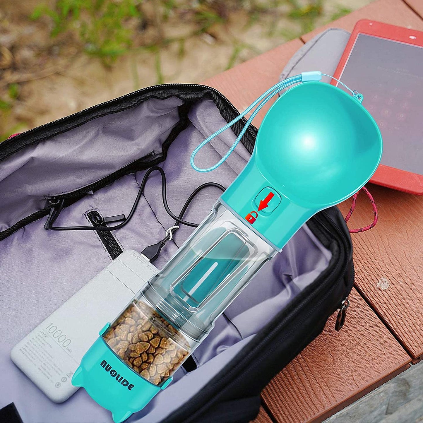Portable 4-in-1 Dog Water Bottle Dispenser with Food Container and Waste Bag, Leakproof Travel Accessory for Outdoor Hiking, 19 Oz (Lake Blue)