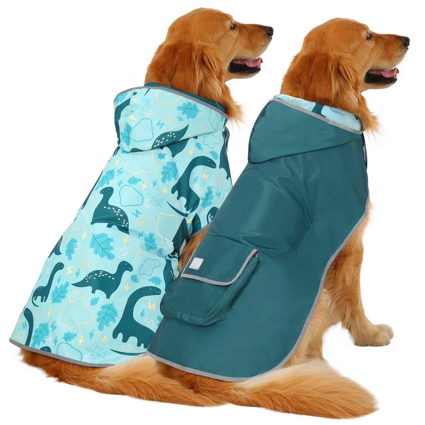 Reversible Hooded Dog Raincoat Poncho Jacket for Small to Large Dogs - Dinosaur Print, Size 3XL