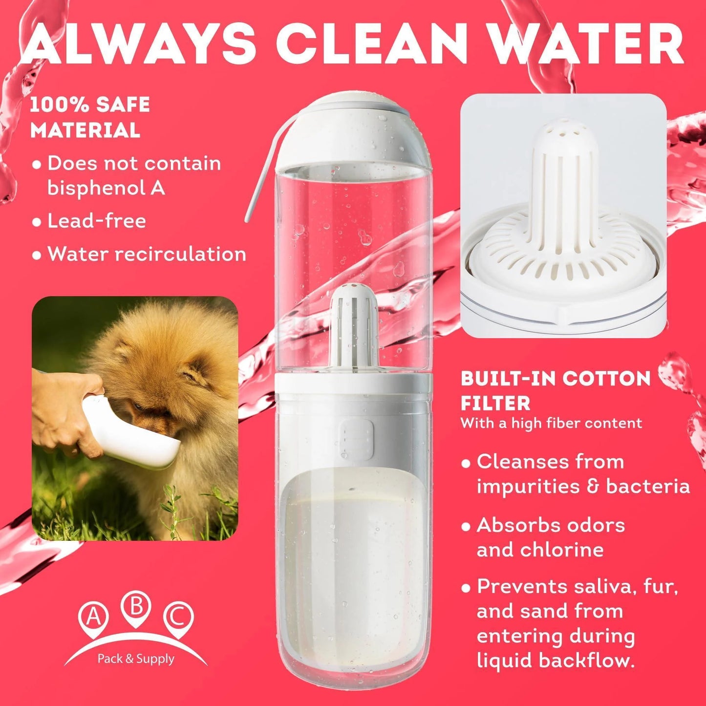 Portable Dog Water Bottle Dispenser - 12 Oz Travel Water Bottle for Pets with Silicone Strap and Cotton Filter, Dimensions 11.8 x 7.9 x 9.2 Inches