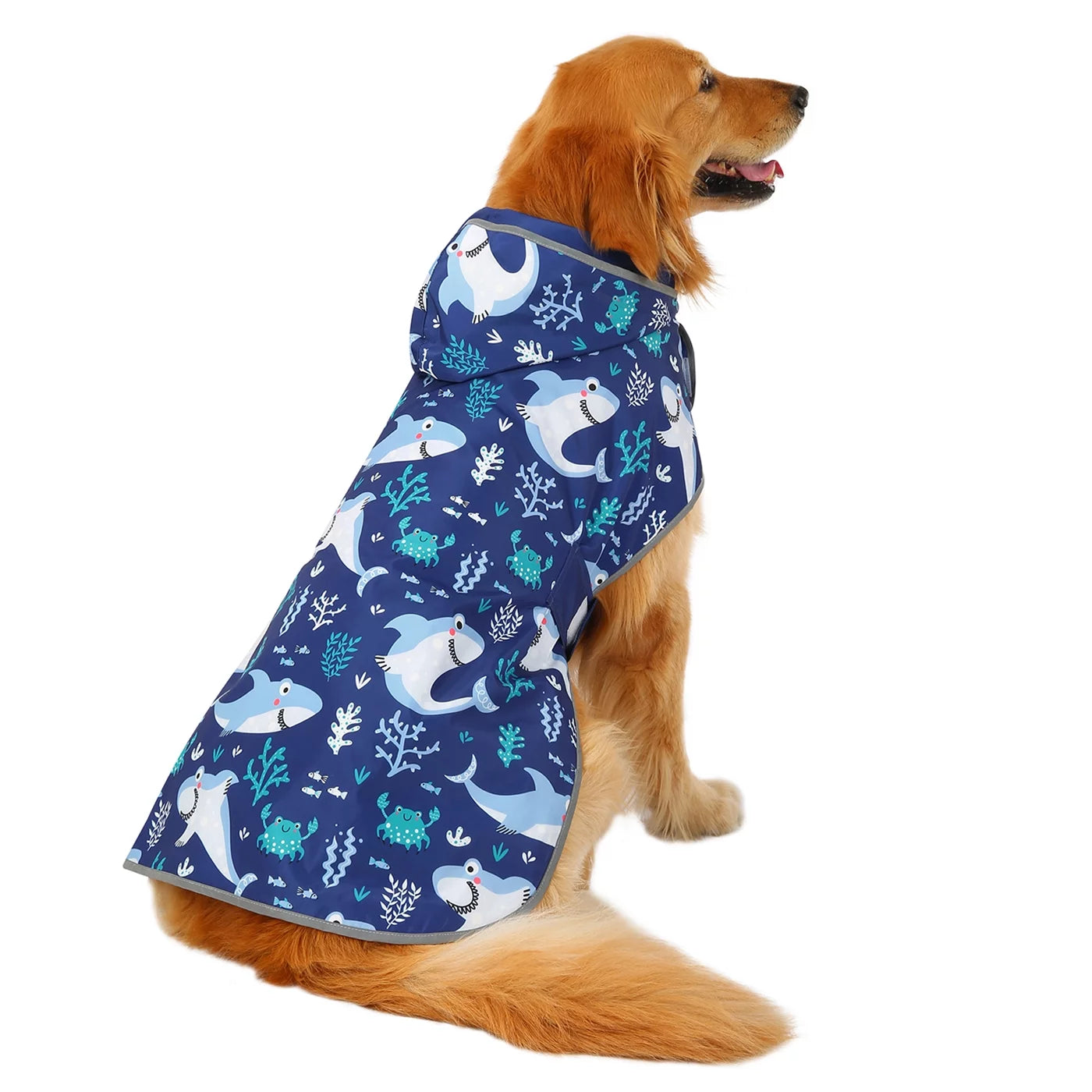 Reversible Hooded Dog Raincoat Poncho Jacket for Small, Medium, and Large Dogs - Shark Design, XXL Size