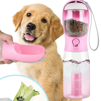 Portable Dog Water Bottle with 3-in-1 Travel Bowl, Food Container, and Waste Bag Holder - Blue, 20 Oz, Ideal for Outdoor Activities and Hiking