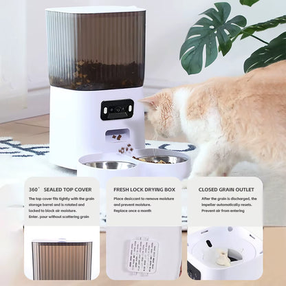 5L Smart Automatic Cat Feeder with Dual Bowls and Integrated Camera, Voice Recorder, and Dry Food Dispenser for Dogs and Cats