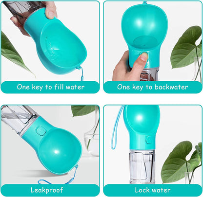 Portable 4-in-1 Dog Water Bottle Dispenser with Food Container and Waste Bag, Leakproof Travel Accessory for Outdoor Hiking, 19 Oz (Lake Blue)